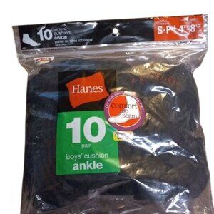 Hanes Size S 4.5-8.5 Ankle Socks Boys 10 Pair Black Comfort Toe Seam NEW